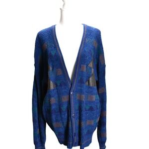 Vintage Impact Mens Blue Green Plaid‎ Geometric Leather Trim Cardigan Sweater XL